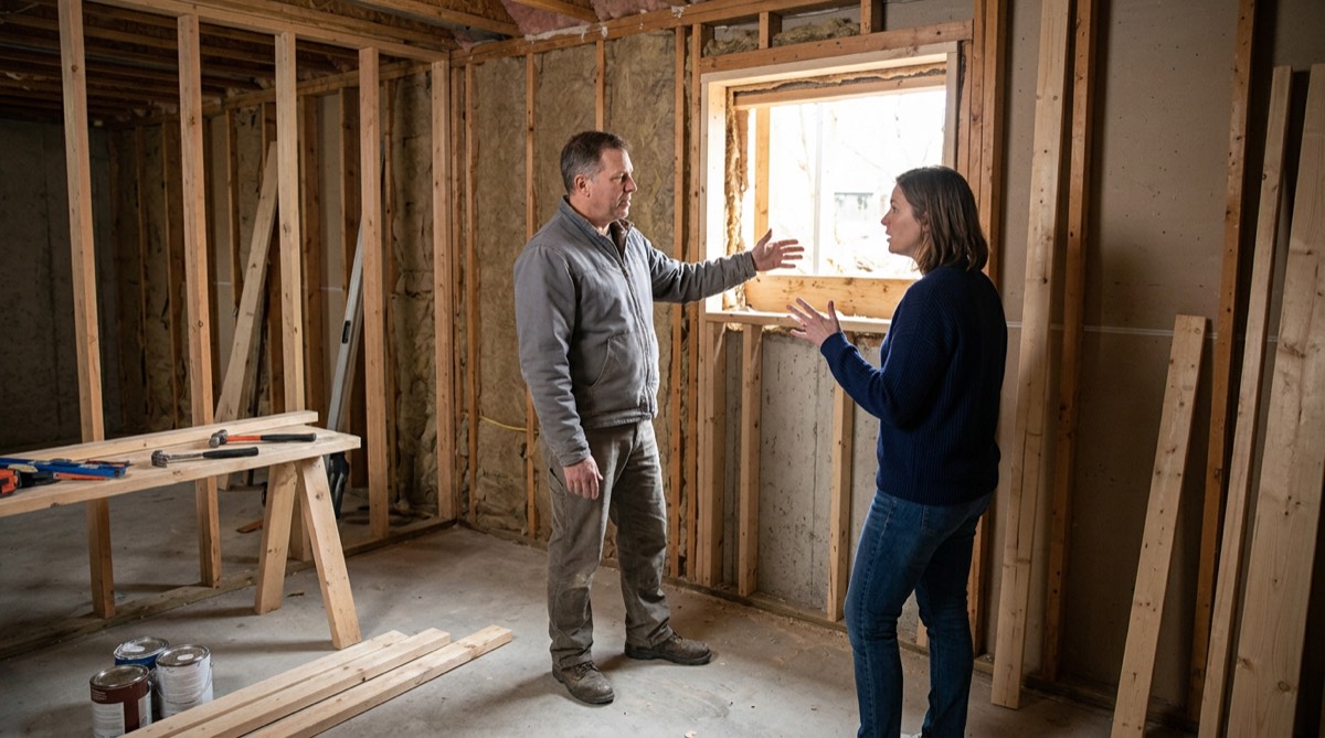 A renovation contractor and homeowner talking in a basement with exposed wall framing