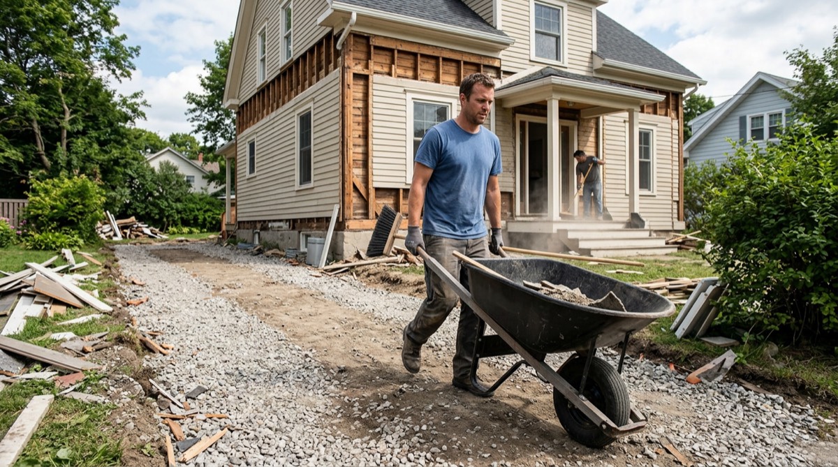 A crew member clearing a driveway with a wheelbarrow outside a house under renovation