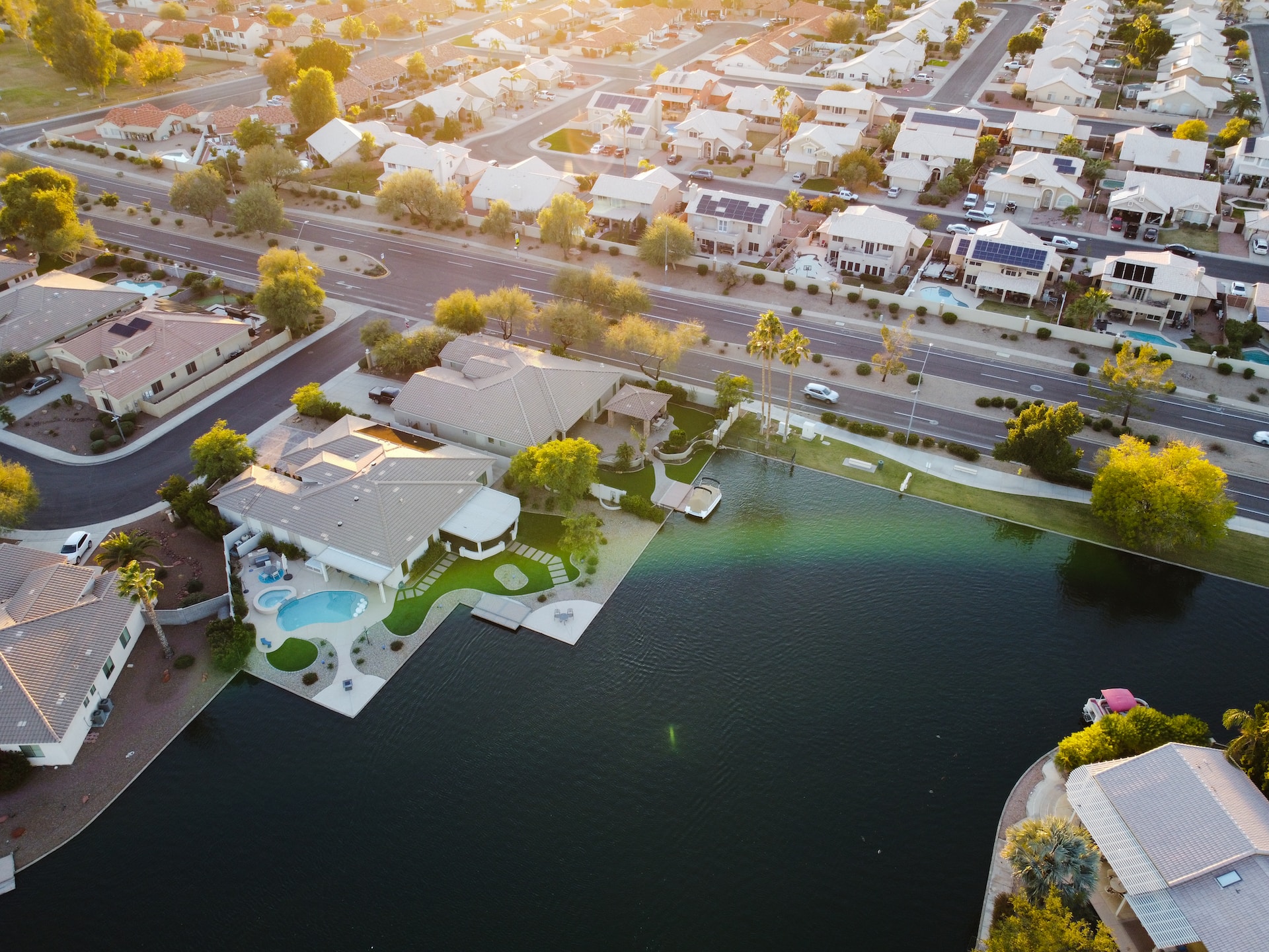 arial view of housing and water