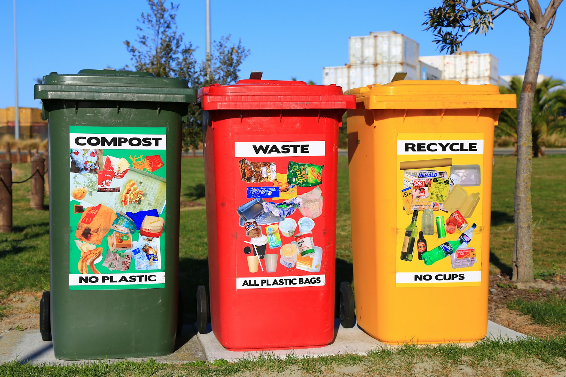 Green compost bin, red waste bin, yellow recycle bin. Image by Unsplash.