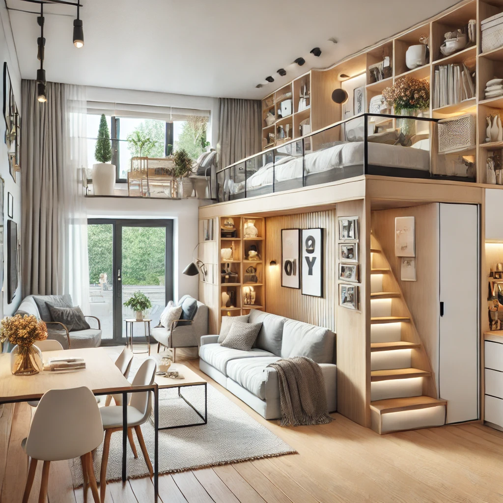 An inviting, modern interior of a small living space showcasing creative renovation ideas. The scene includes multifunctional furniture like a sofa bed, loft area. Image by ChatGPT