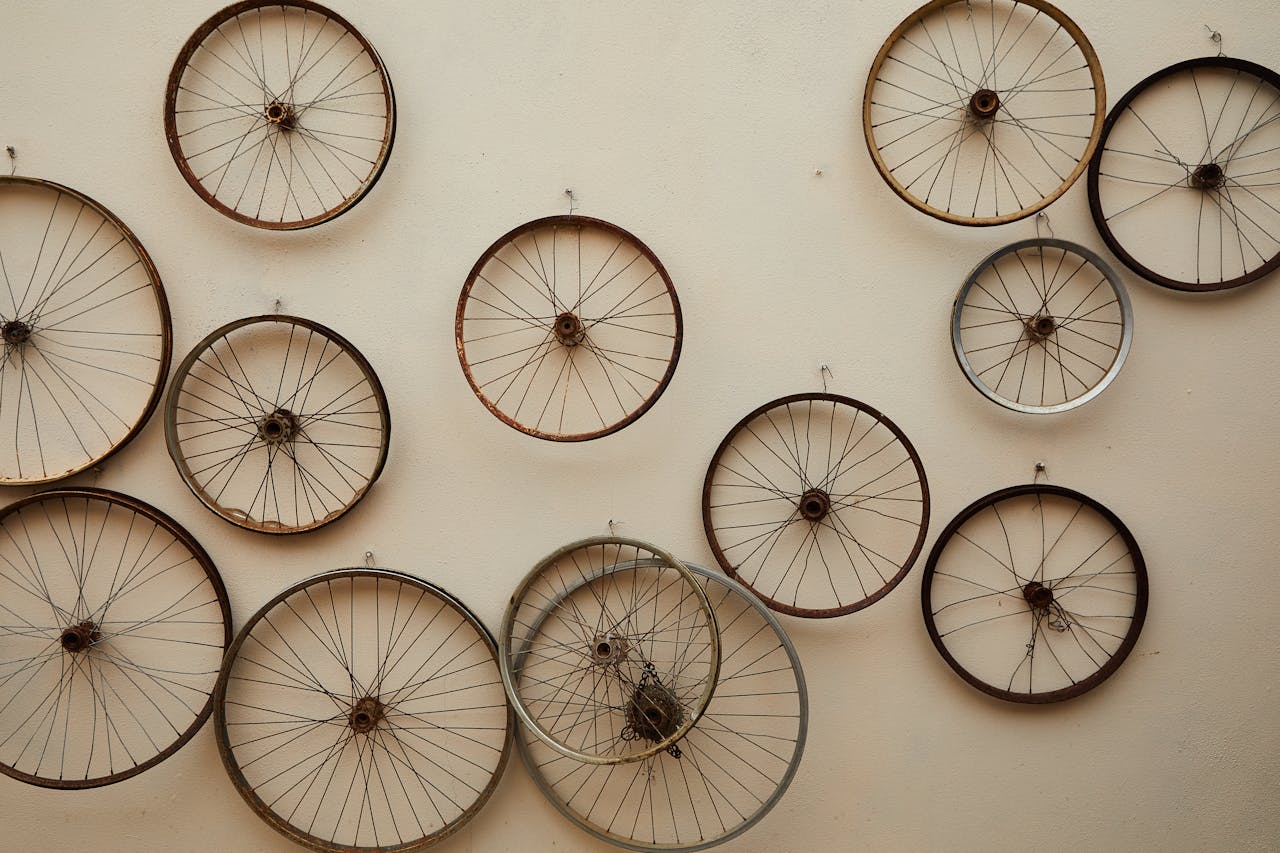 Various sizes of wheel hanging on a wall. Image by Pexels