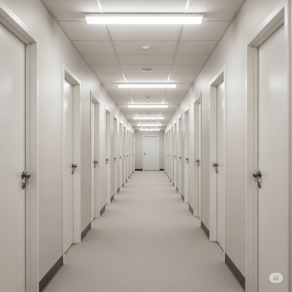 Lots of white doors in a hallway. Image by Gemini
