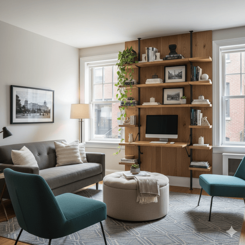 Living Room Interior Image with Shelving and Smart Seating