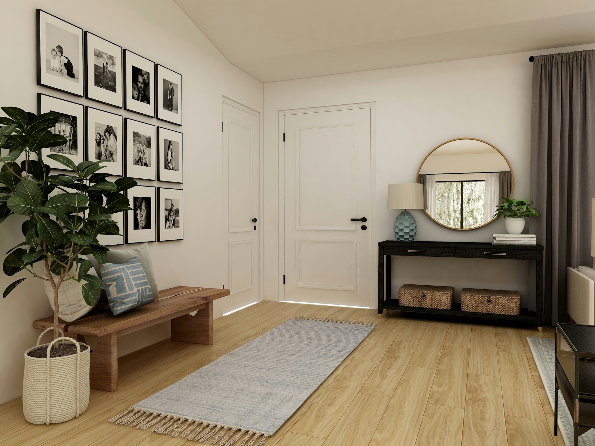 Small apartment entryway with shoes, jackets, and bags collecting near the door. Photo by Collov Home Design on Unsplash