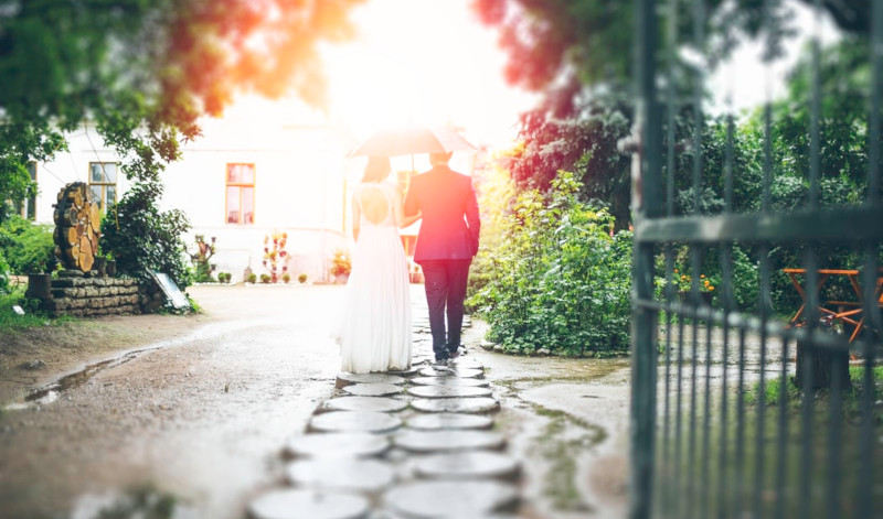 2 people waling in the rain with an umbrella