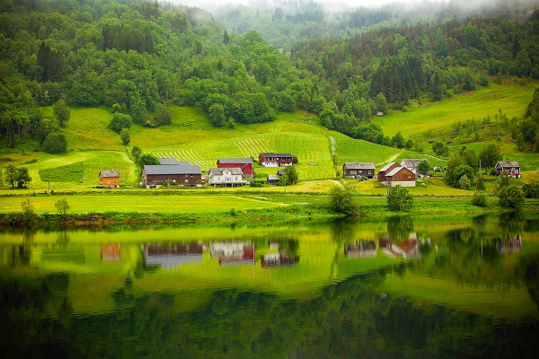 Green landscape, water, houses