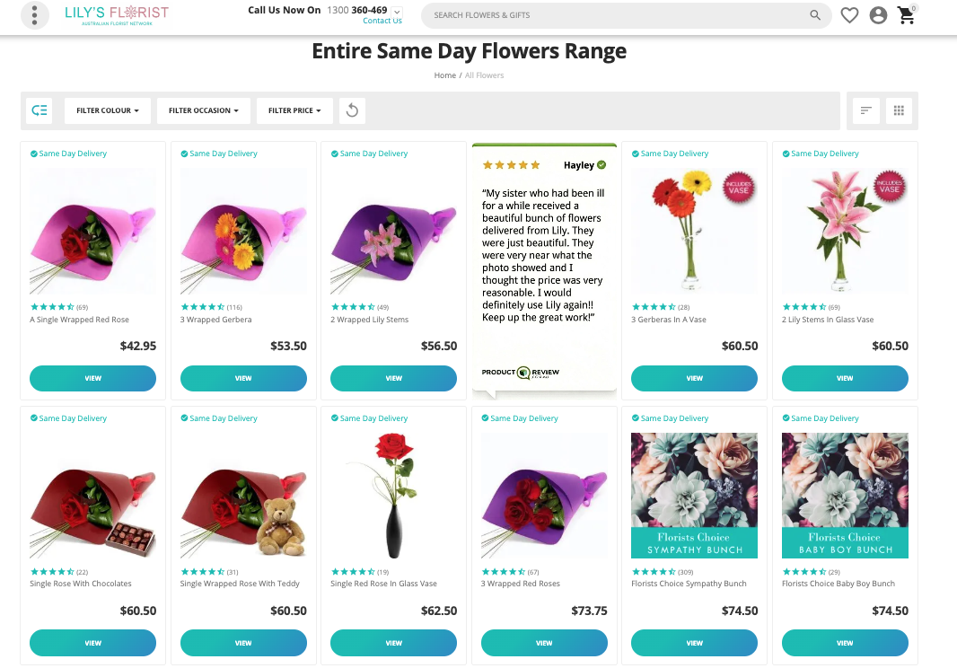 A screenshot of Lily's florist website.