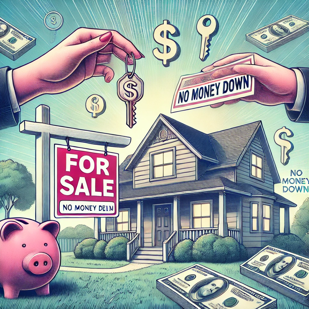 A detailed illustration of a foreclosed home with a 'For Sale' sign and a tag that reads 'No Money Down.' The house is modest. Image by ChatGPT