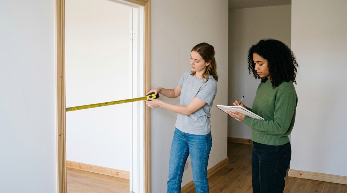 Two roommates measuring an apartment doorway and writing down the width