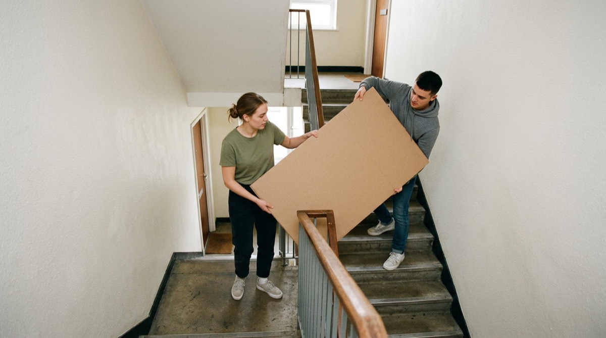 Two friends carrying a large cardboard sheet up an apartment stairwell