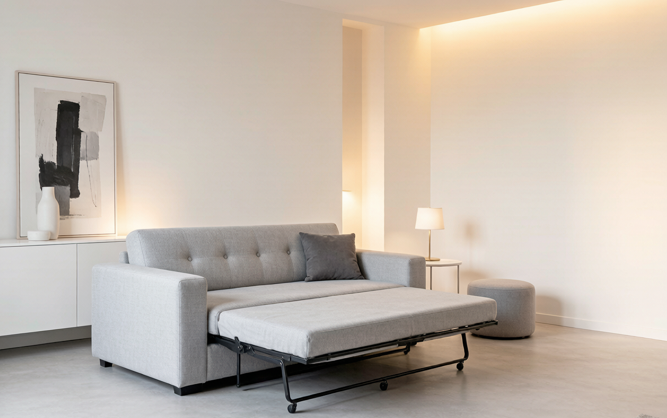 Convertible sofa bed as a guest room alternative in a small living room
