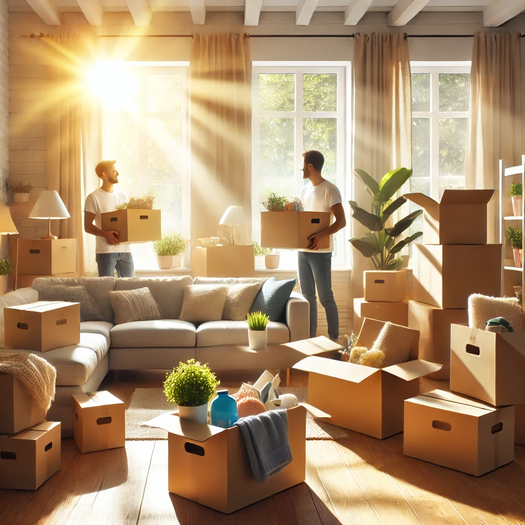 A bright and welcoming living room filled with moving boxes, some open with neatly packed items inside. Image by ChatGPT