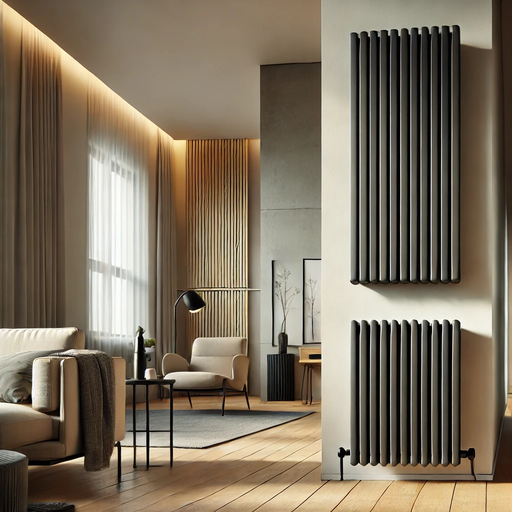 A modern living room featuring a sleek vertical wall radiator. The room has a minimalist aesthetic with neutral-toned colors. Image by ChatGPT