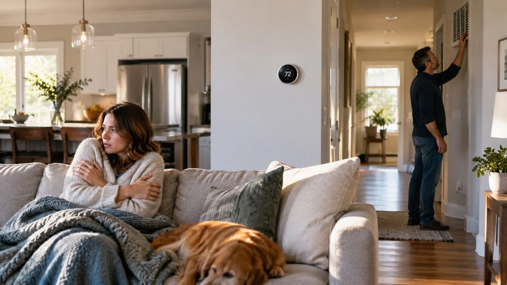 Person adjusting a home thermostat while a room feels uneven in temperature