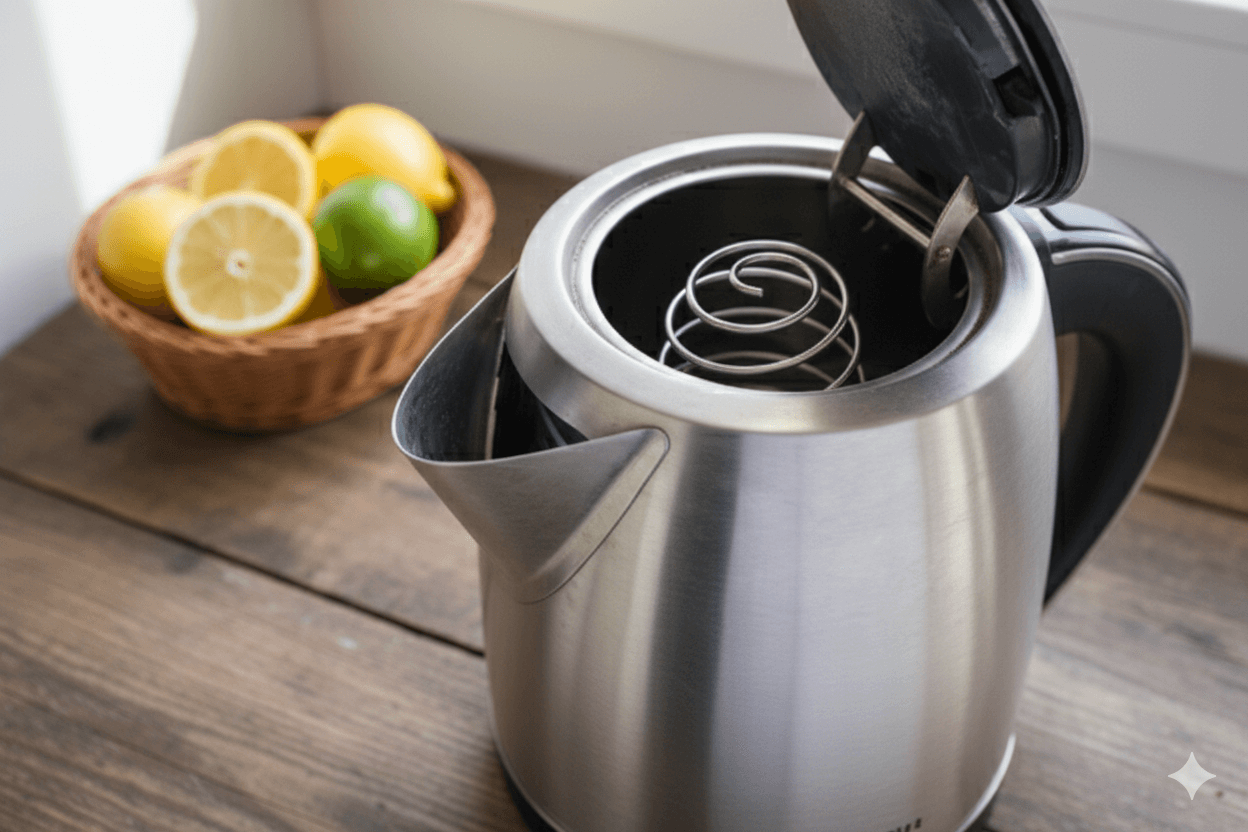 Tea kettle and a bowl of fruit. Image by Gemini