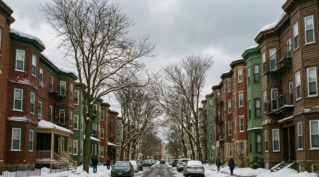 Boston triple-decker apartments in winter