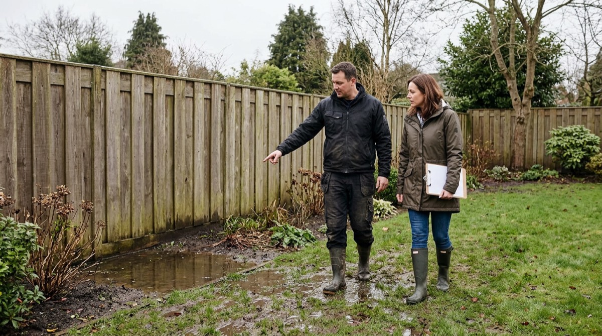 A drainage contractor and homeowner looking at standing water along a backyard fence