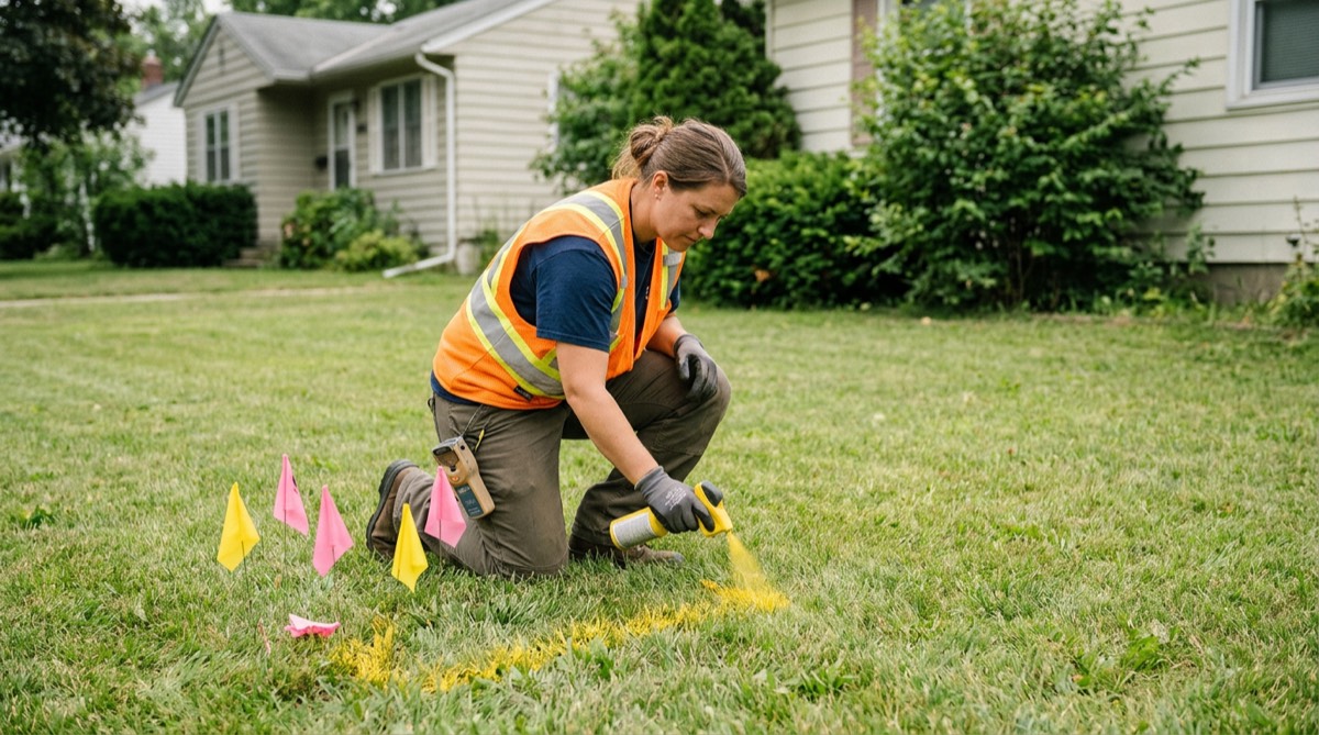 A utility locator spray-painting marking lines on a front lawn beside small flags