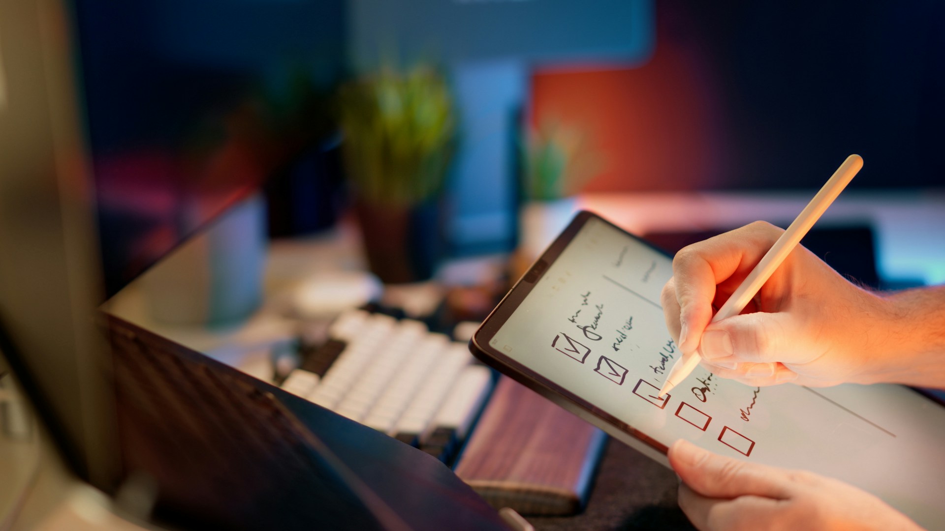 Someone writing a maintenance checklist on a tablet with a stylus. Image by Unsplash