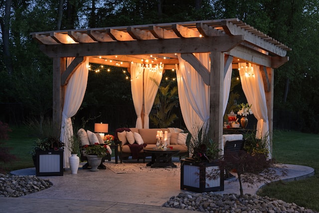 Gazebo with furniture and lighting