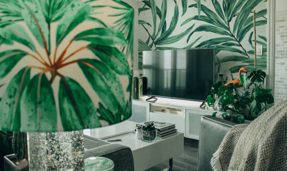 Green and white lampshade, livingroom, tv