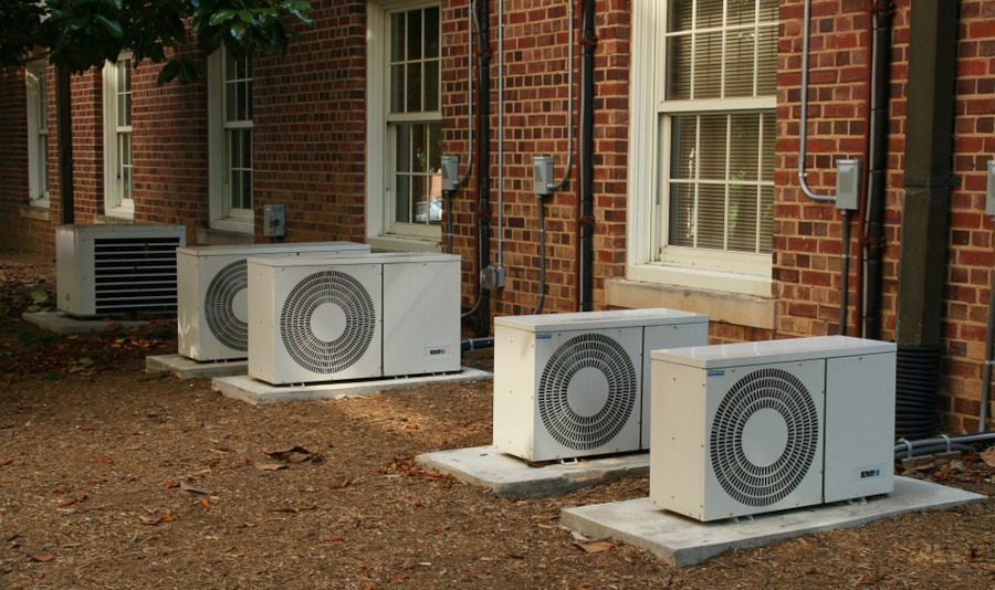 A/C, air conditioning units outside a building