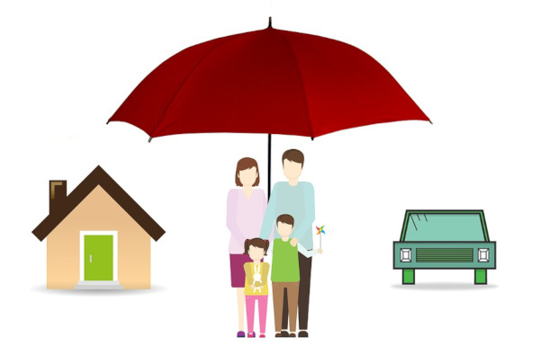 house, car, family under a red umbrella