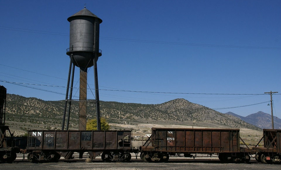 Train, watertower, powerline