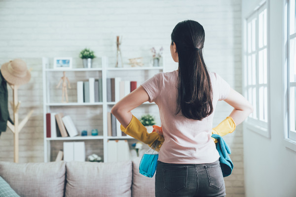 person taking a break from cleaning