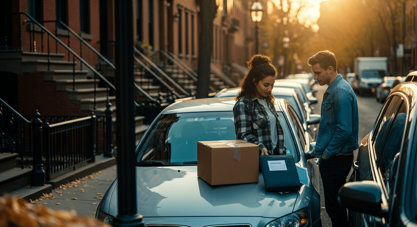 Two people talking, box and paperwork on car. Image by Gemini