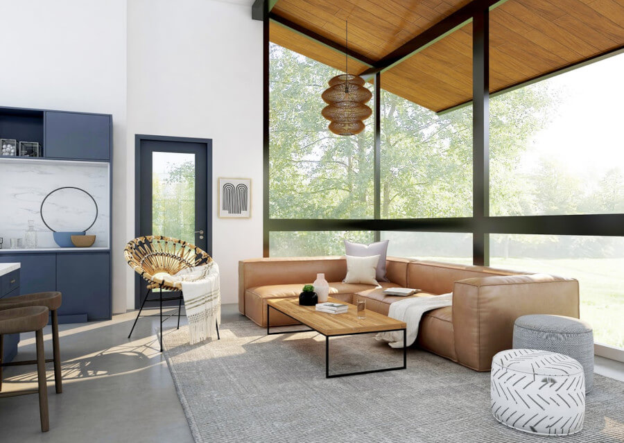 Livingroom, large windows, modern furniture