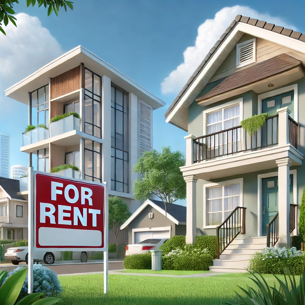 A professional illustration of a suburban house with a 'For Rent' sign in the front yard and a modern second home. Image by ChatGPT