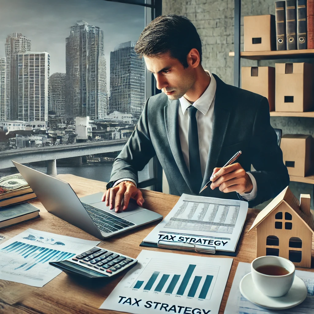 A professional real estate investor analyzing property tax documents and financial charts in an office. Image by ChatGPT