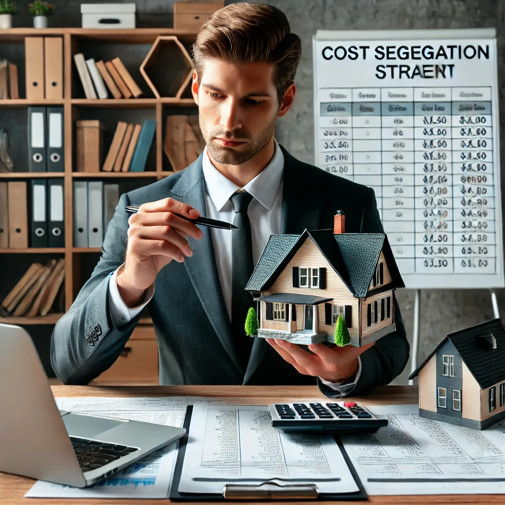 A professional real estate investor analyzing property tax documents and financial charts in an office. Image by ChatGPT