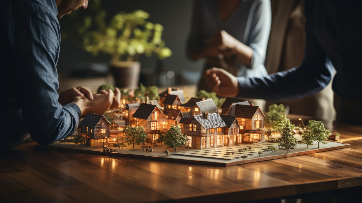 people looking at small lit up houses sitting on on a table