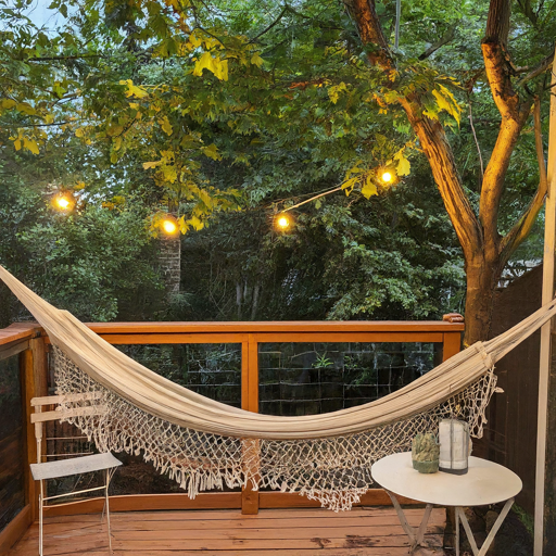 Deck with a hammock and lights in a tree. Image by Gemini