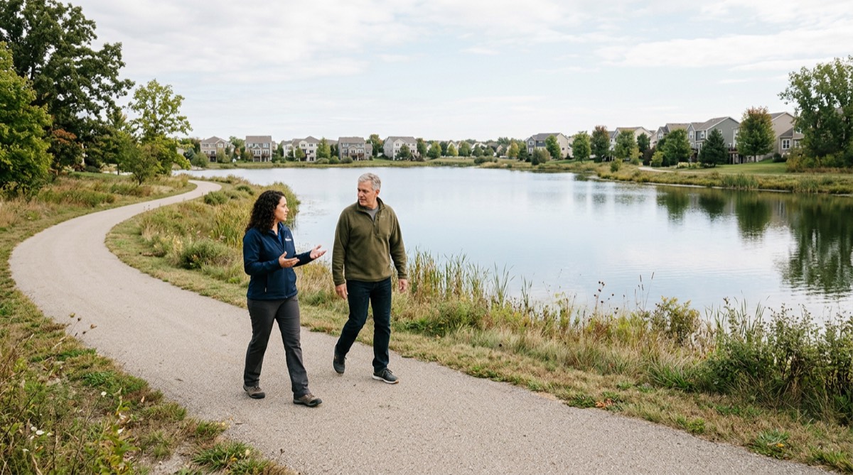 A property manager and resident walking a path beside a large community pond