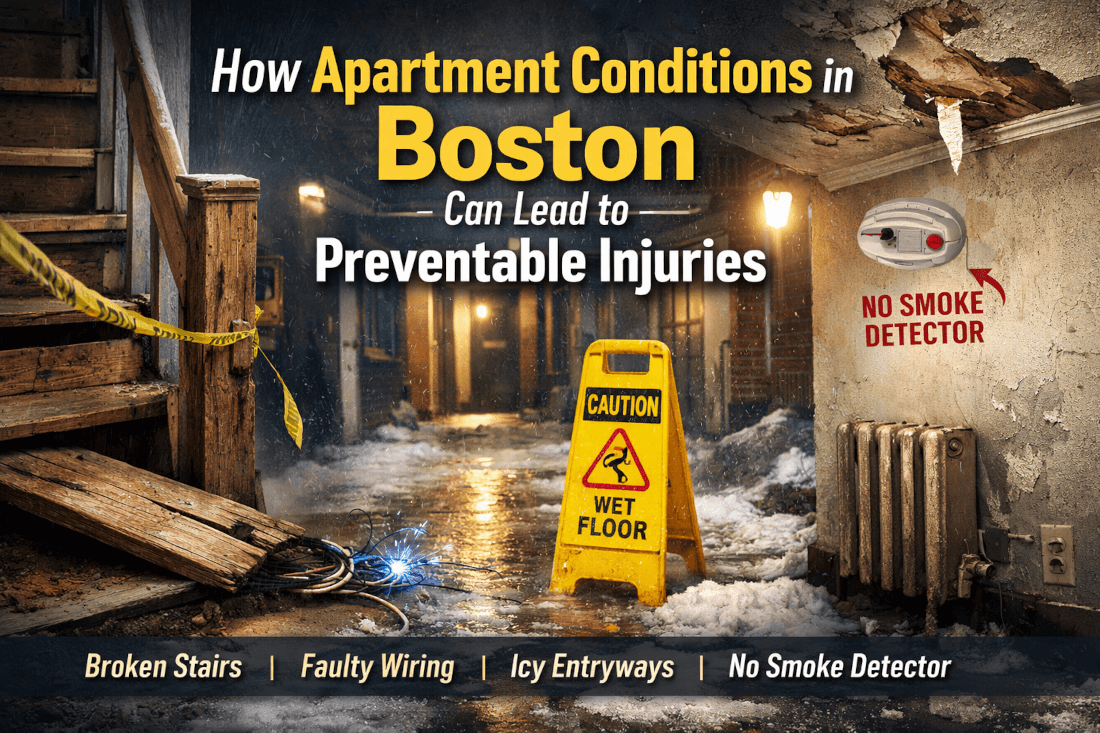 Broken stairs, faulty wiring, icy entryway, broken smoke detector. Image by Chatgpt