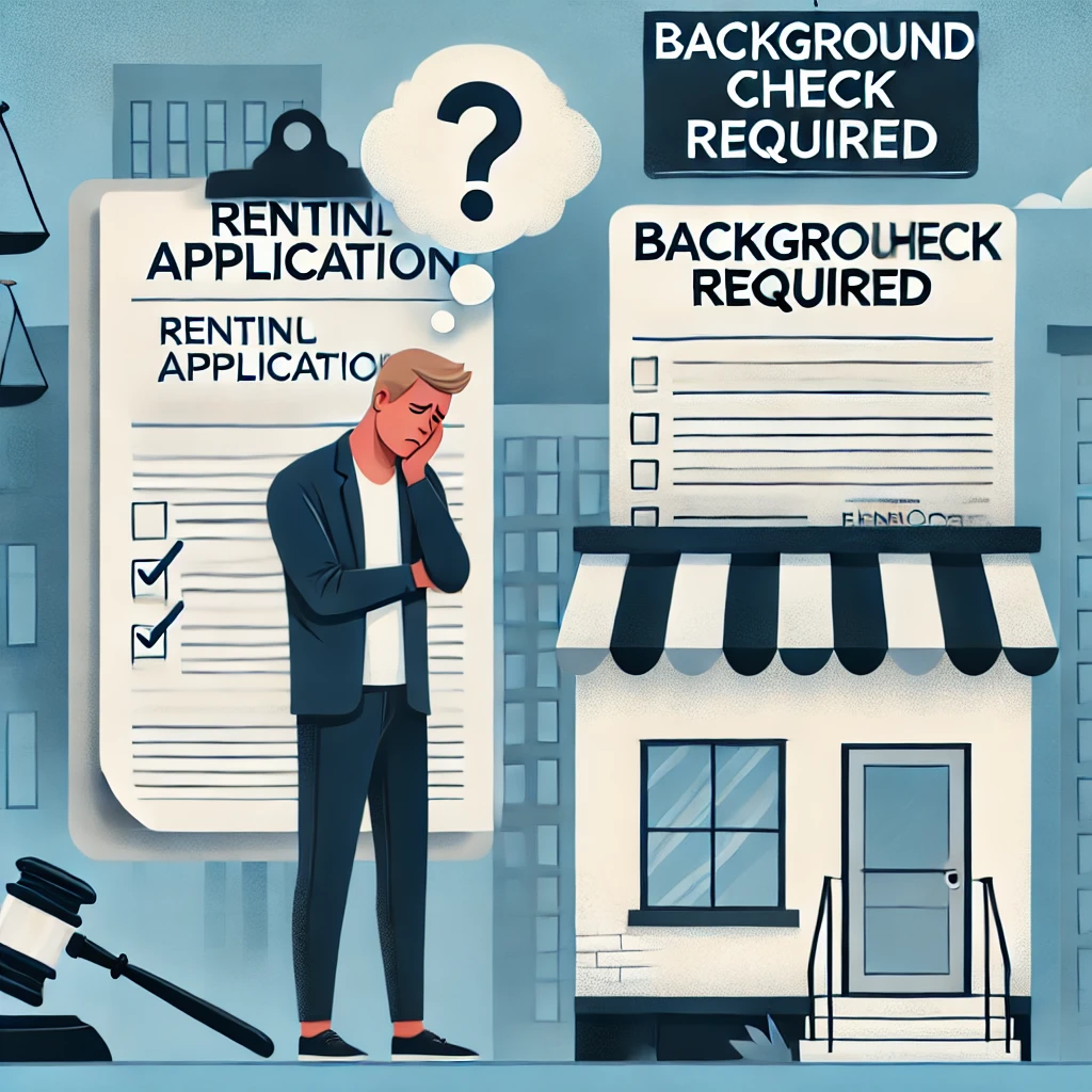 An informative illustration showing a worried renter facing challenges related to eviction and background checks. The scene includes a tenant standing. Image by ChatGPT