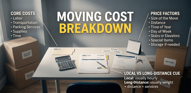 Professional movers loading boxes into a truck, illustrating moving costs