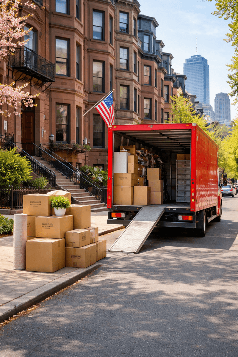 Professional moving boxes and a car carrier truck arriving in the Boston city environment. Image by Chatgpt.