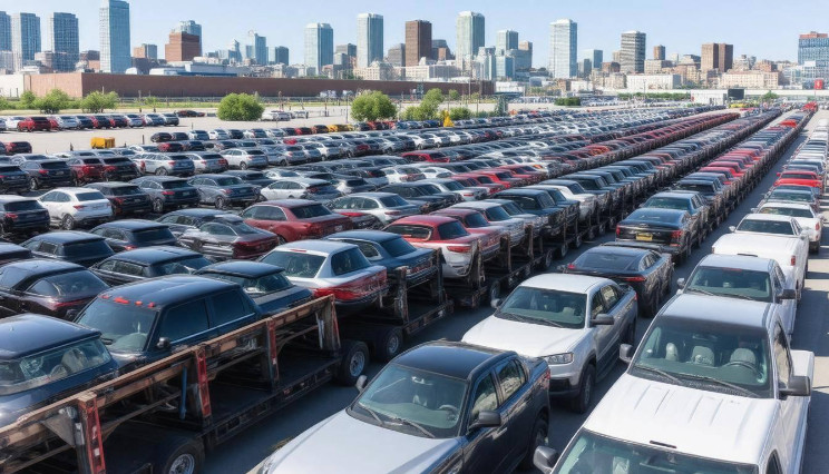 Lots of cars in a lot redy to be shipped. Boston, MA in the background