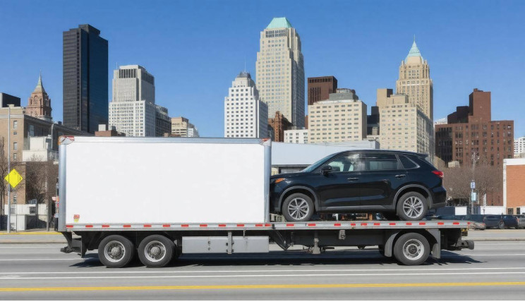 Car going into a truck. Boston, MA in the background