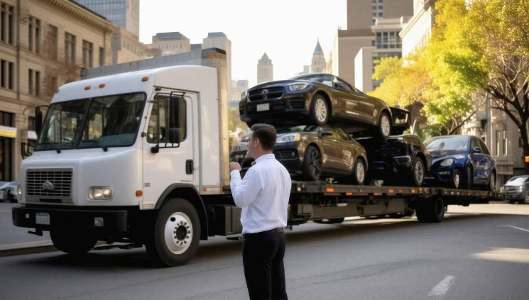 Cars on a transport truck. Boston, MA in the background