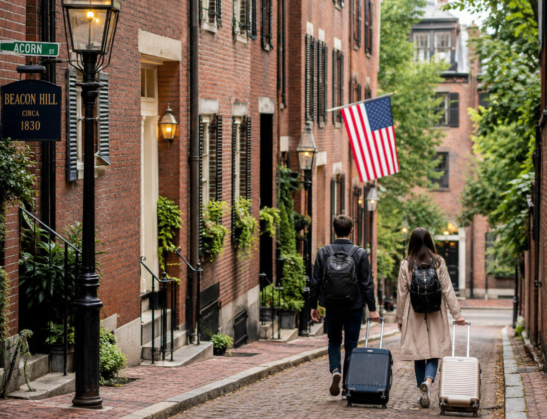 People scrolling down a Street in Beacon Hill, Boston. Image by Chatgpt