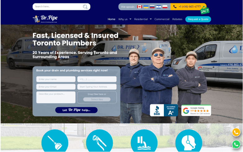 screenshot of Dr. Pipe Drain and Plumbing Website