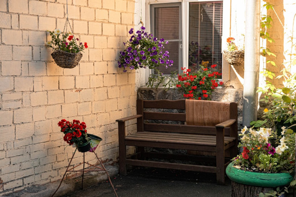 Hanging plants, bench outside a house.