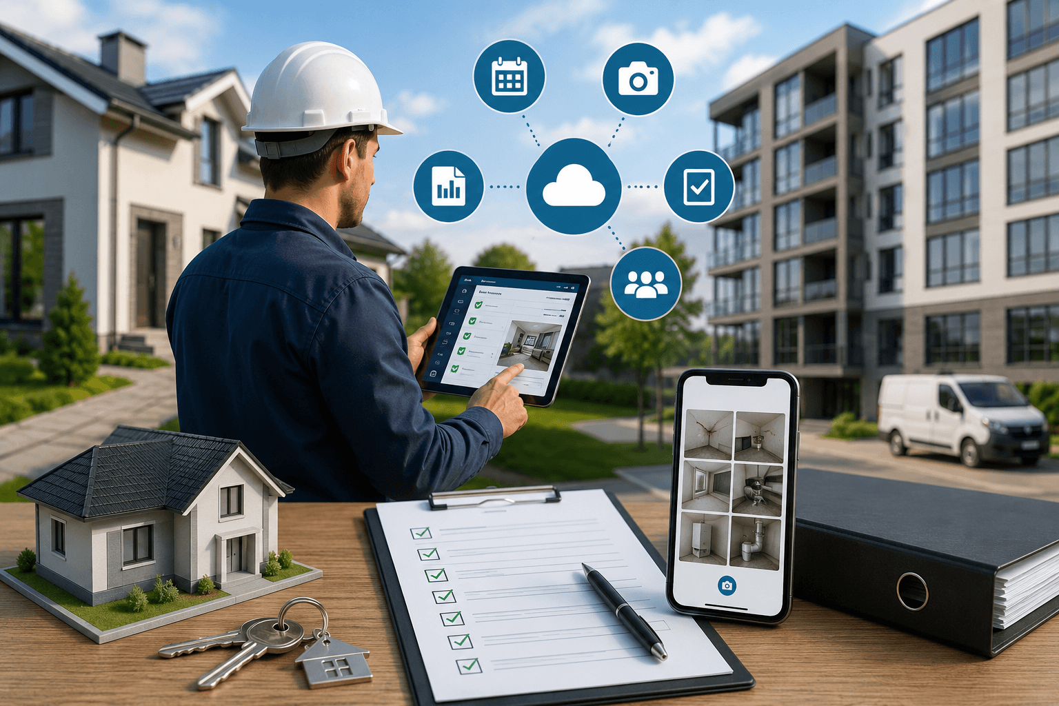 Property manager using property inspection software on a tablet during a building walkthrough. Image by ai