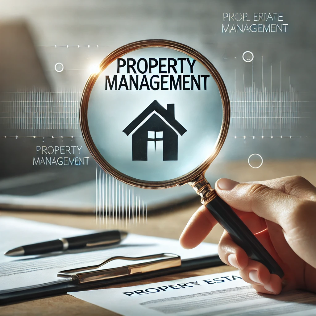 A magnifying glass hovering over the bold text 'Property Management', symbolizing focus and attention to detail in real estate management. Image by ChatGPT